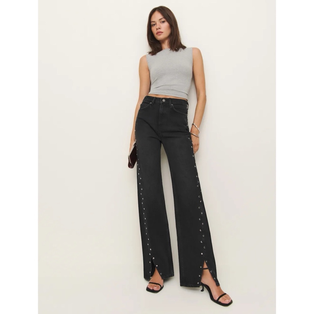 Reformation Cary Studded High-Rise Slouchy Straight-Leg Jeans Vana Black - Picture 4 of 14